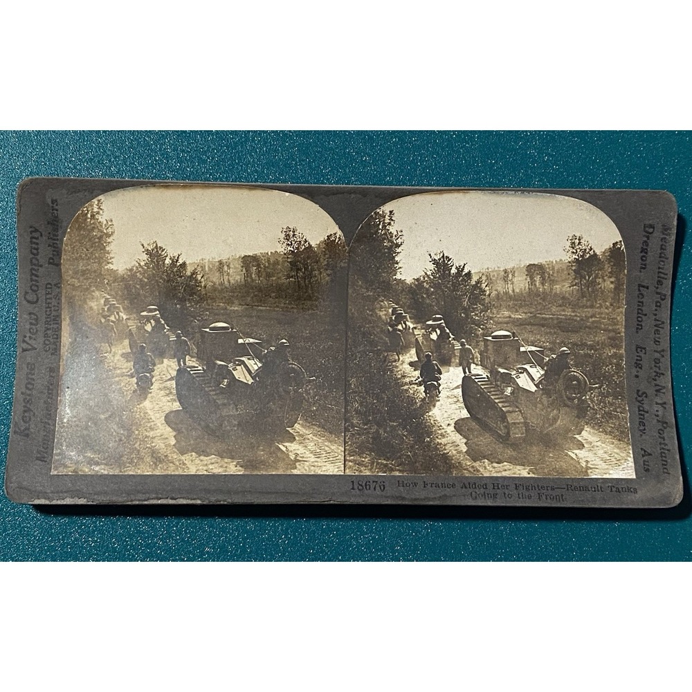 KEYSTONE STEREOVIEW CARD WW1 RENAULT TANKS How France Aided Her Fighters Antique